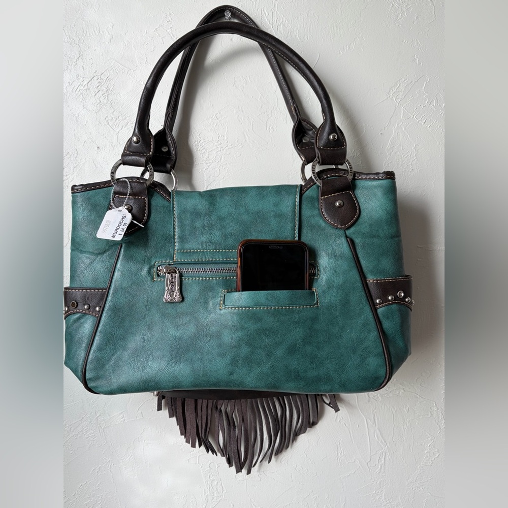 Trinity Ranch Western Studded Fringe Tote Teal Brown Leather NWT - Picture 10 of 16